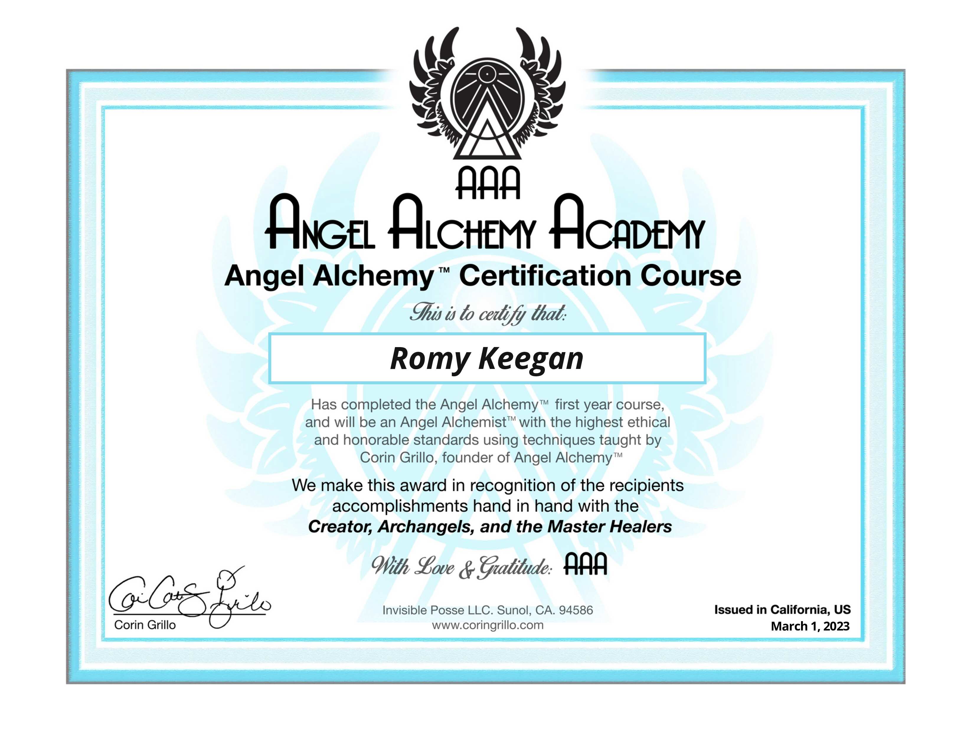 Angel Alchemy Academy Certificate